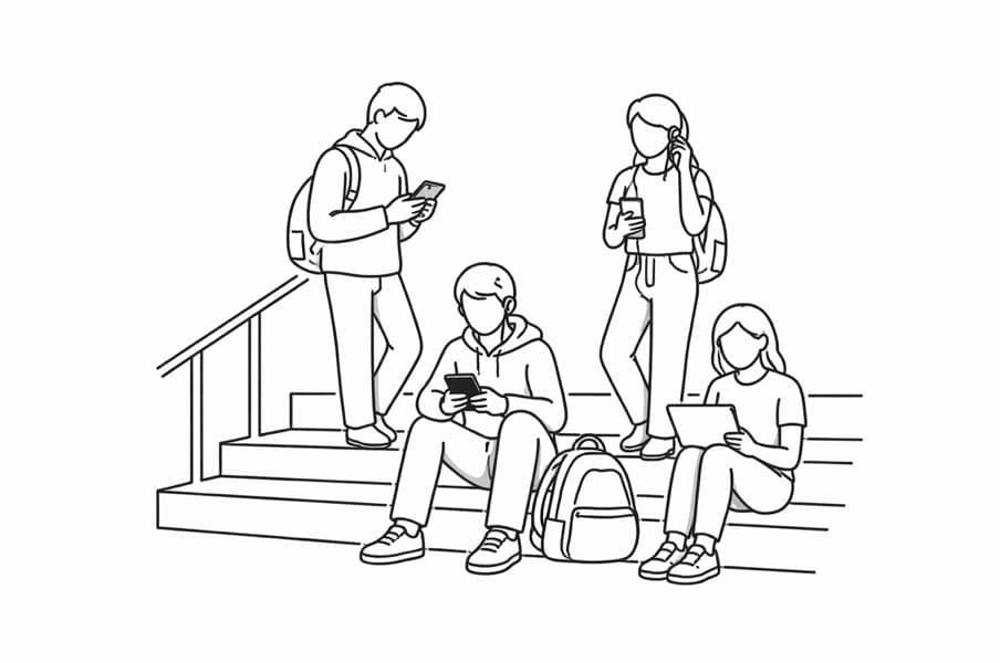 Vier Jugendliche sitzen und stehen auf einer Schultreppe; drei nutzen digitale Geräte.