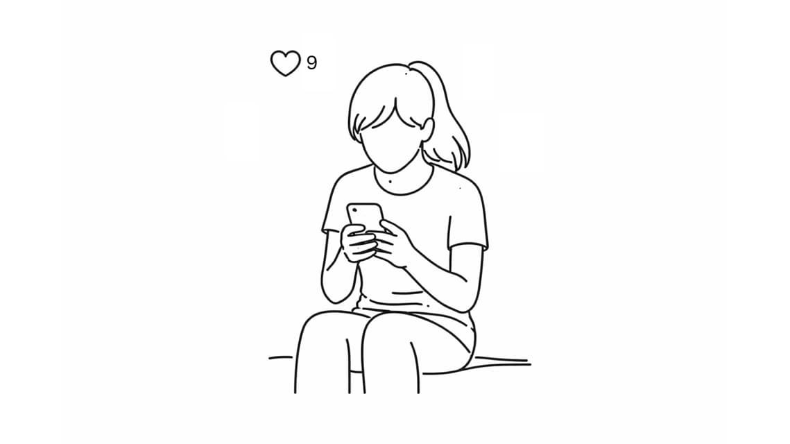 Eine Jugendliche betrachtet ihr Smartphone; über ihr erscheint ein Herzsymbol mit neun Reaktionen.