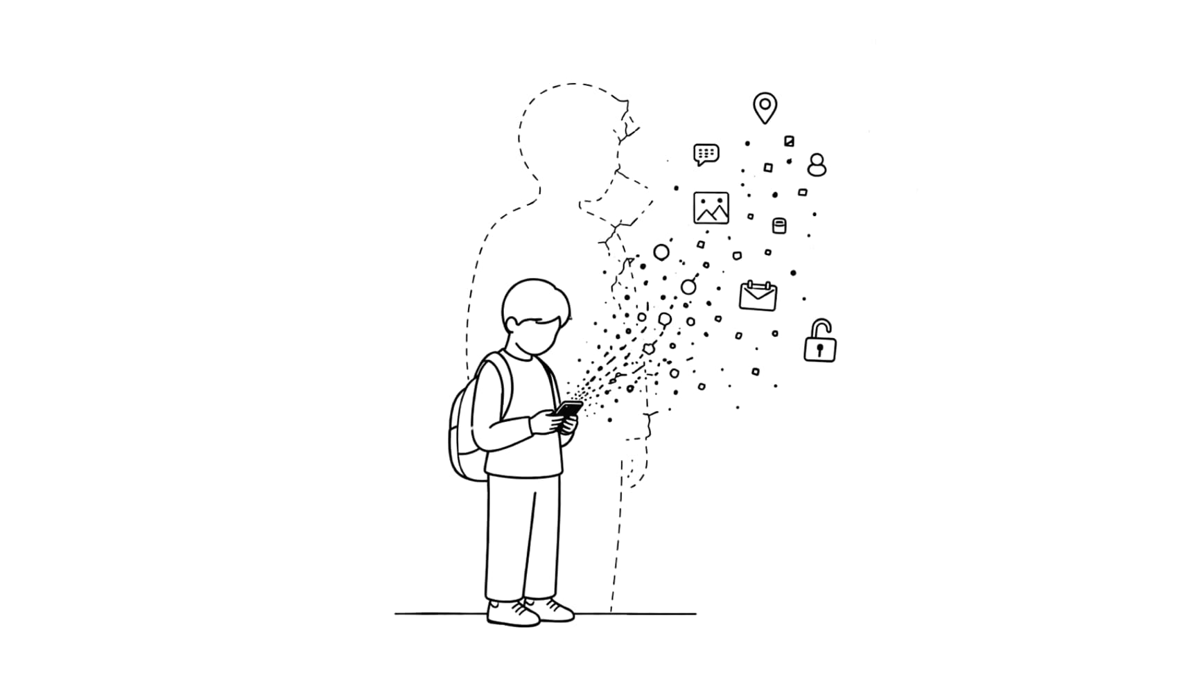 Eine Person mit Smartphone hinterlässt eine Spur aus Symbolen für Standort, Nachrichten, Kontakte und Konten.