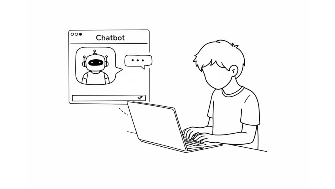 Ein Kind arbeitet am Laptop; auf dem Bildschirm ist ein Chatbot mit Sprechblasen zu sehen.