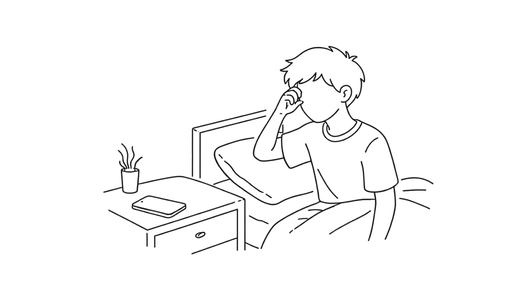 Ein müder Jugendlicher sitzt am Bettrand; ein Smartphone liegt auf dem Nachttisch.