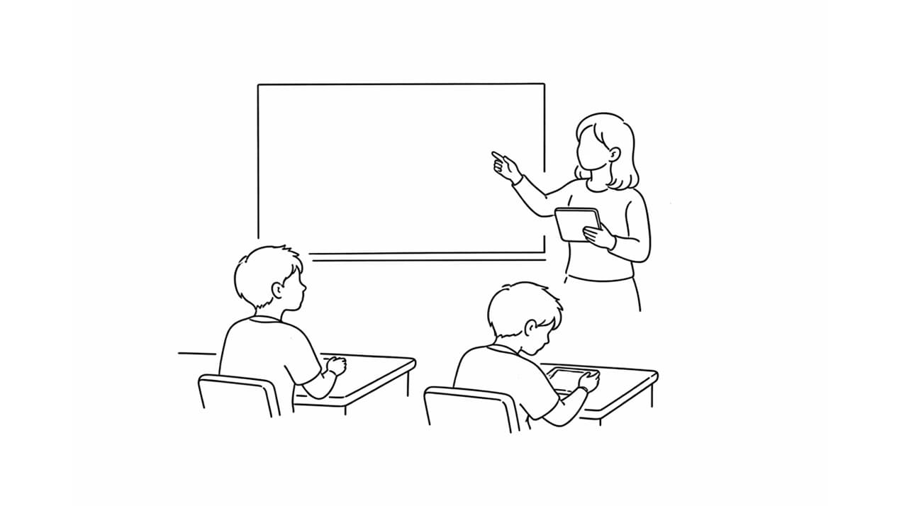Eine Lehrperson steht vor einer Wandtafel; drei Lernende arbeiten an Tischen, einer davon an einem Tablet.